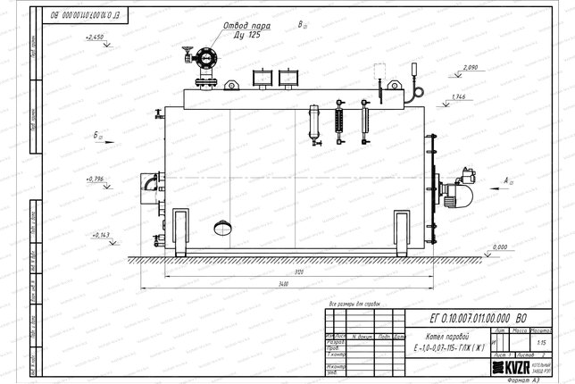 Чертеж газового парового котла 1000 кг 115 С